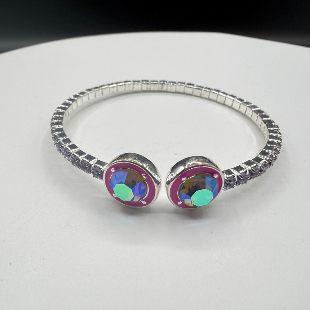 Silver Tone AB Crystal Open Cuff Bracelet Pink Enamel Statement Boho Gift Y2K
